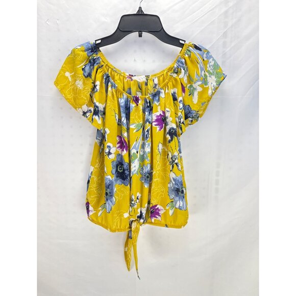 Sienna Sky Yellow Floral Peasant Blouse Tie Front Short Sleeve Women’s XS - Picture 2 of 7